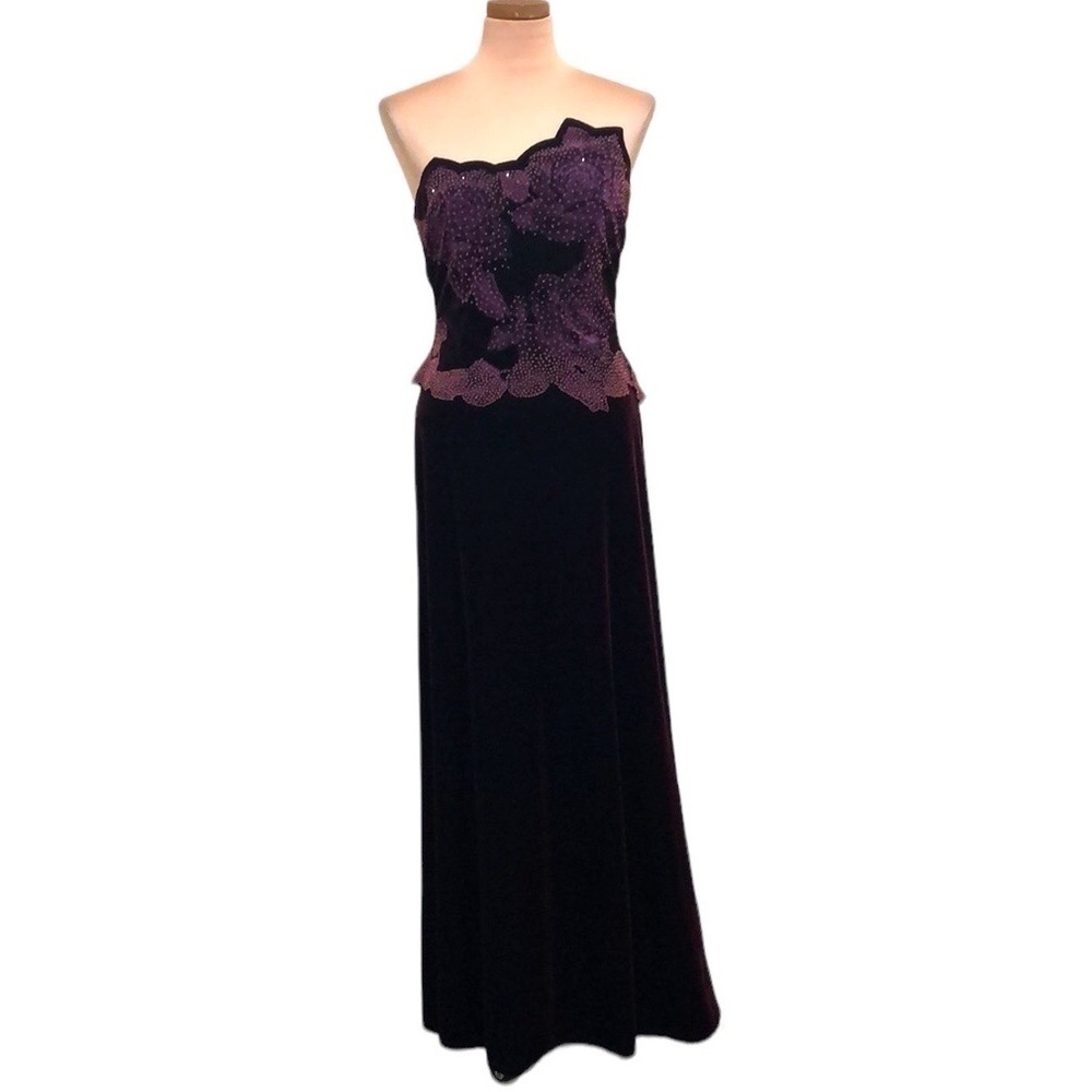Tadashi Shoji Gown Formal Maxi Dress Size Large Red Velvet Floral Strapless